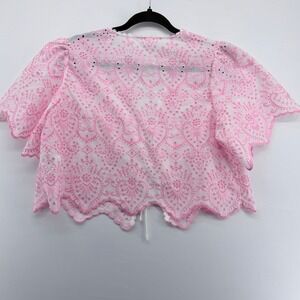 Poeselle Pink Eyelet Lace Tie Front Crop Top Short Sleeve Scalloped Hem Large